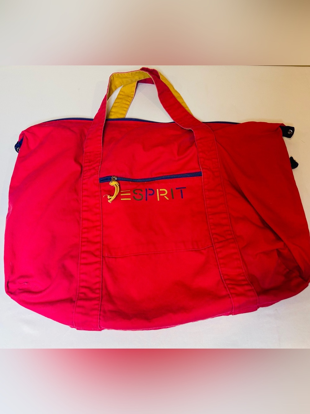 Vintage Esprit Red Canvas Tote with Yellow Handle Lining